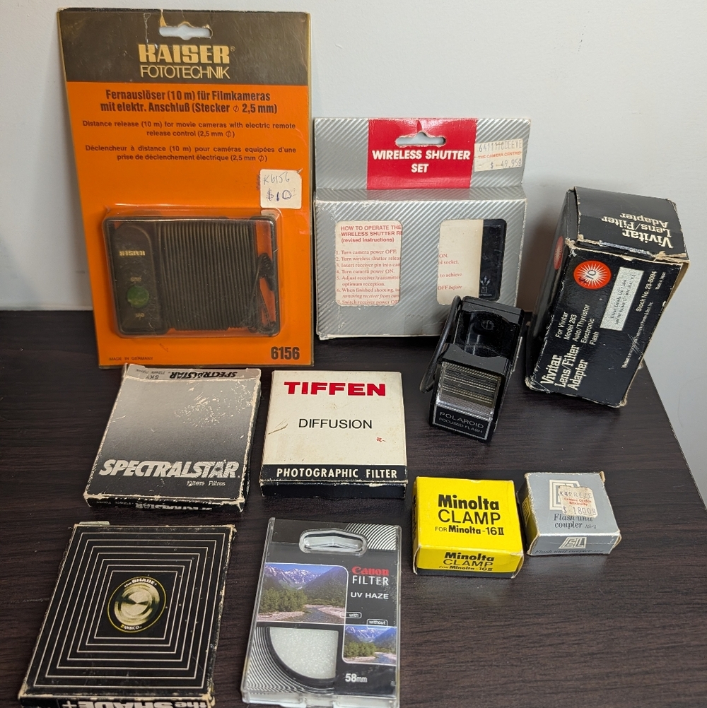 Vintage Camera Accessories Lot- Minolta, Ricoh Wireless Shutter, Polaroid, Flash